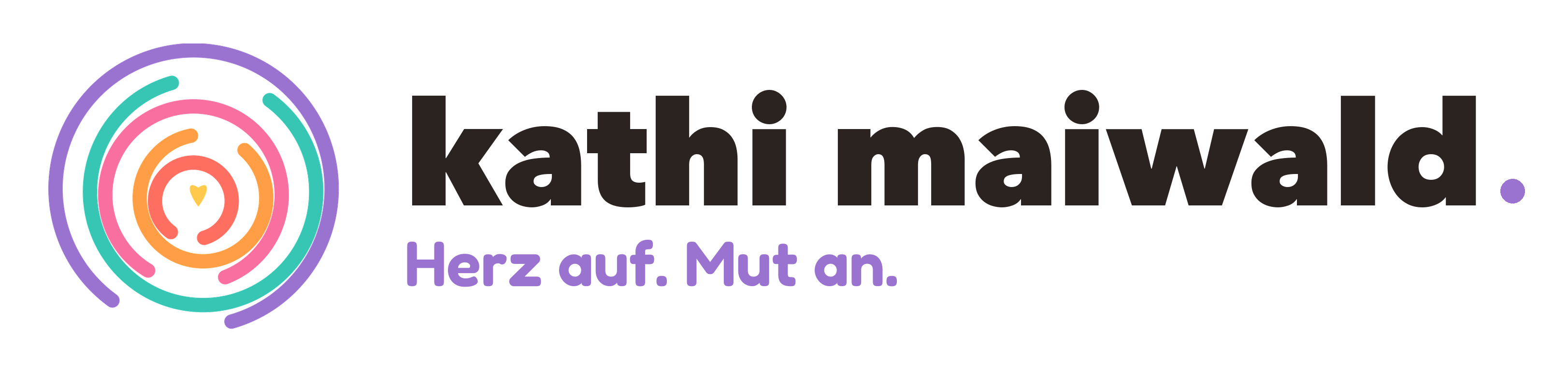 Logo kathi maiwald. Bunter Fingerabdruck-Kreis mit Herz, daneben der Schriftzug